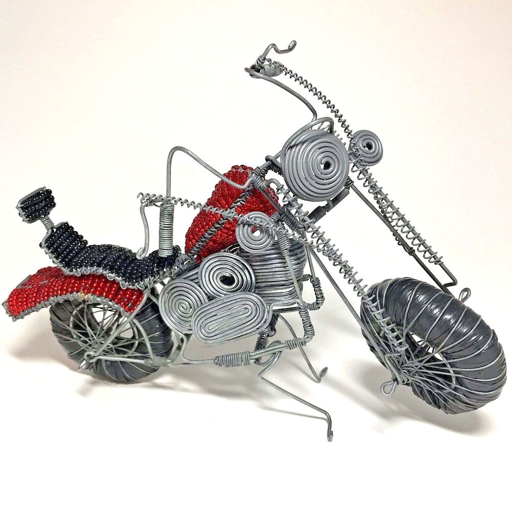 Handmade Seed Bead Beaded Wire Motorcycle Sculpture Folk Art Decor Gift